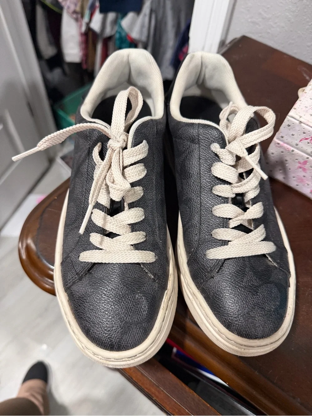 Coach Black Leather Low-Top Sneakers with Cream Soles and Laces